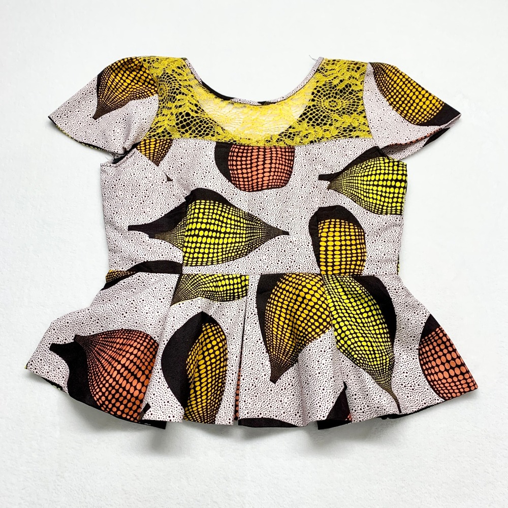 Handmade African Wax Print Peplum Top Womens Size M Yellow Lace Ankara Cotton